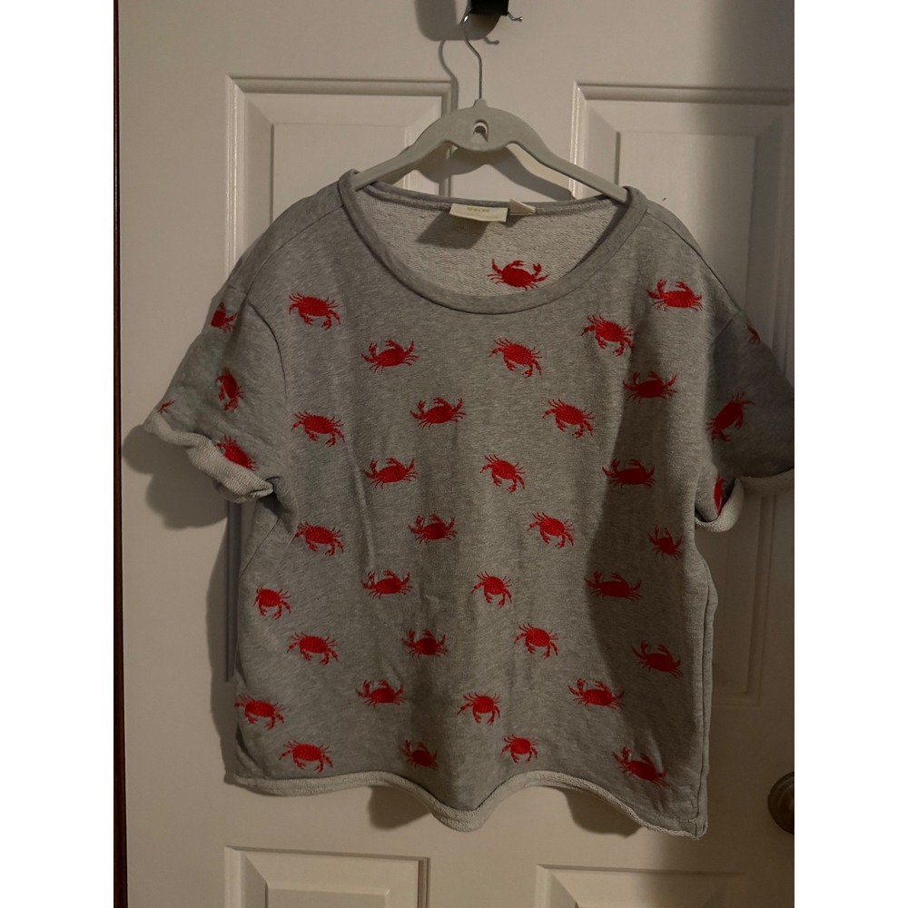 Maeve Anthropologie Gray Red Crab Embroidered Short Sleeve Sweatshirt Small NWOT